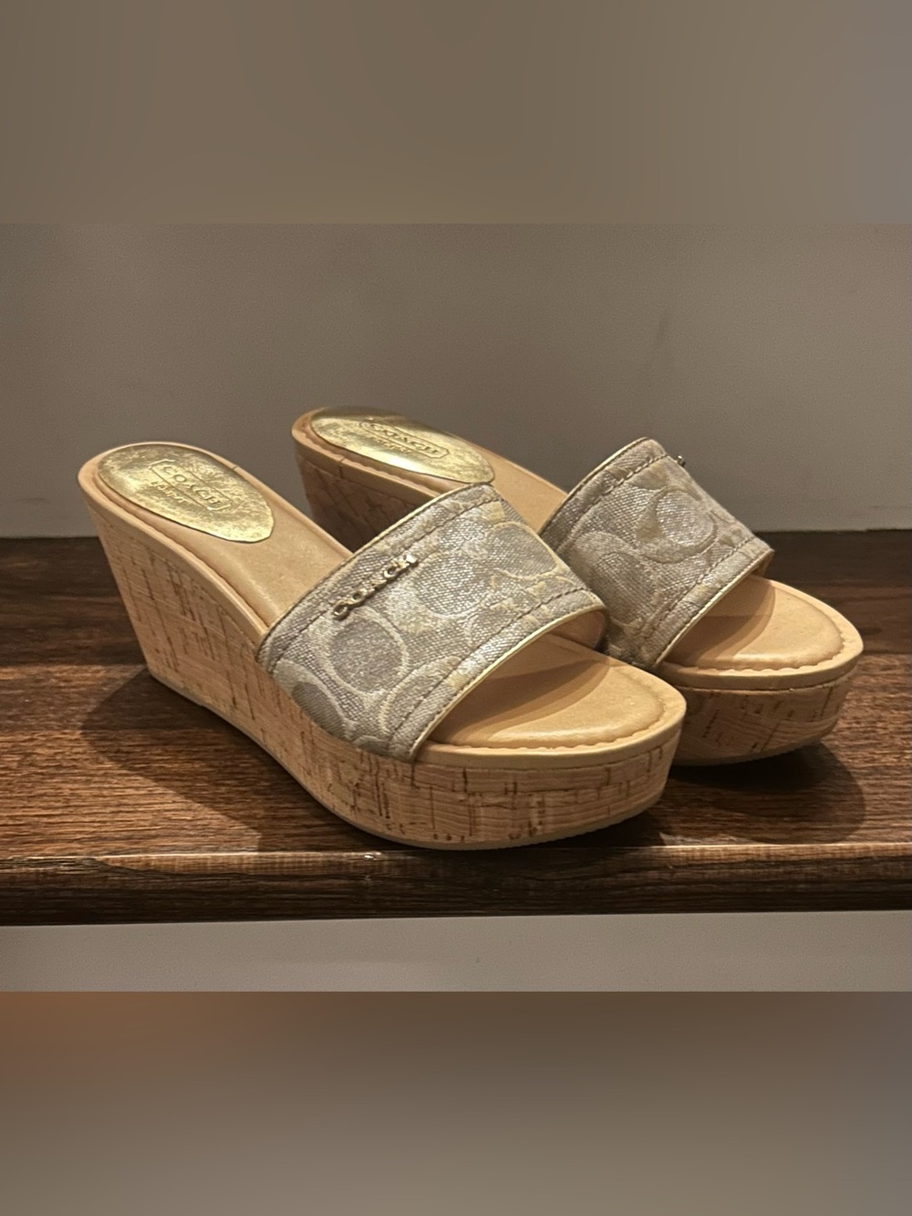 Coach Joanne Silver and Taupe Signature Canvas Cork Slip On Wedge Slides 7

NEW